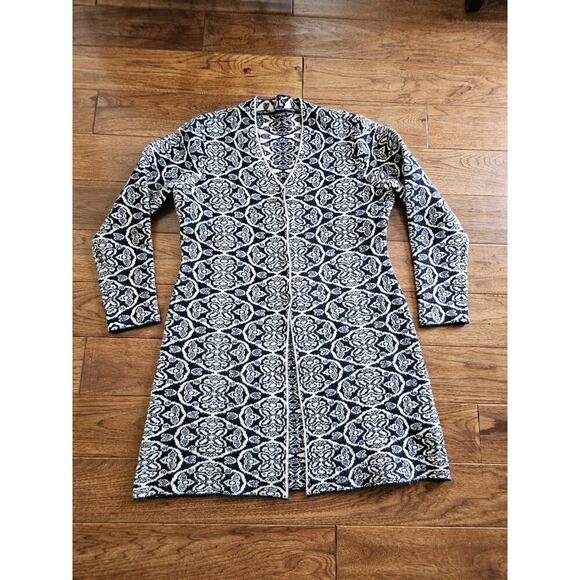 J Mclaughlin Soft Knit Cardigan Duster Women's Size L Navy Damask Cozy - Picture 5 of 14